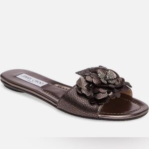 Jimmy Choo Metallic Bronze Floral Slide Sandals
